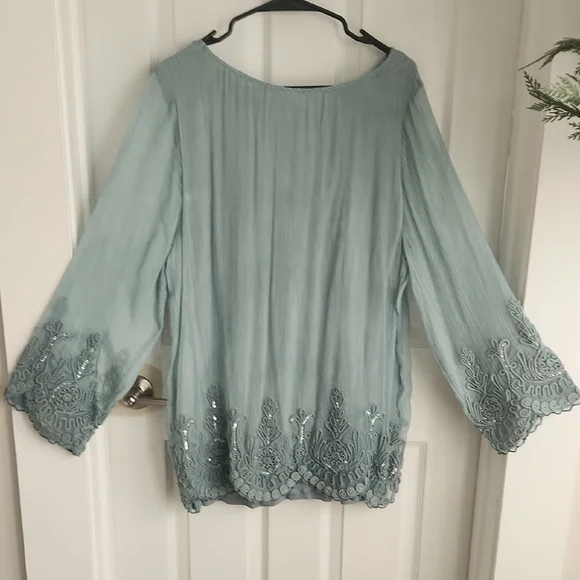 Soft Surroundings Sage Green Embroidered Bell-Sleeve Tunic - Picture 7 of 7